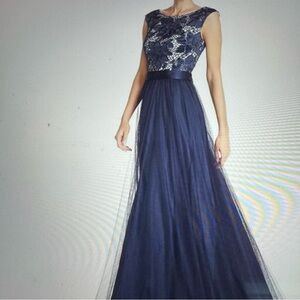 Aiden Mattox Long Formal Navy Gown with Lace Bodice and Tulle Skirt
